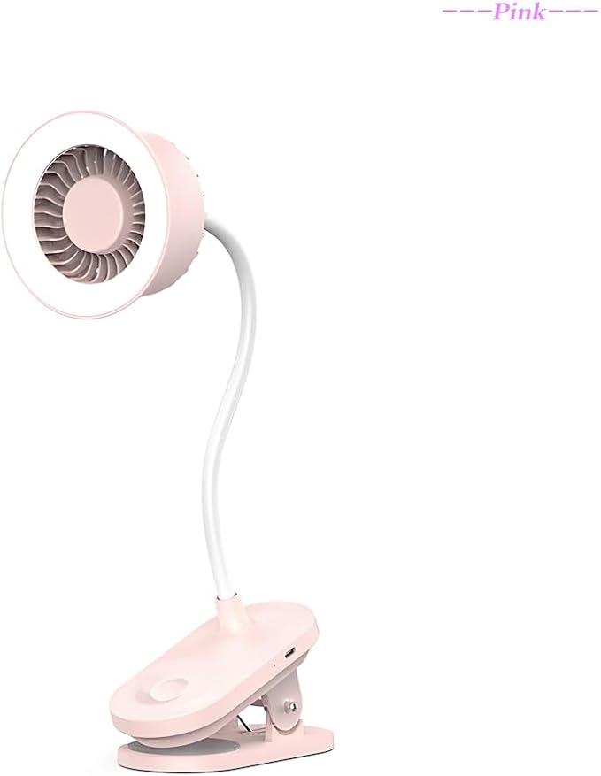 Portable clip and LED lamp 2 in 1 more functions hanging,desktop fan, 4.5W three gears wind speed,two gears led circular lamp high brightness lighting ,touch button with CE FCC certifications (Pink)