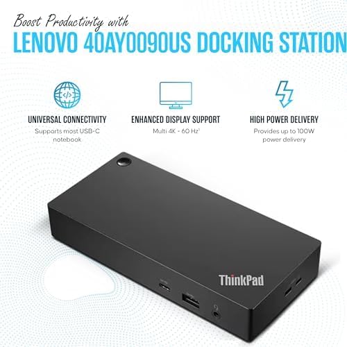 40AY0090US Lenovo Thinkpad Docking Station Dual Monitor - Supports 4K Display, Universal Dock USB Type- C Gen 2 with 4K HDMI + 4K DisplayPort + USB C Cable + 90W Adap TER (Renewed)