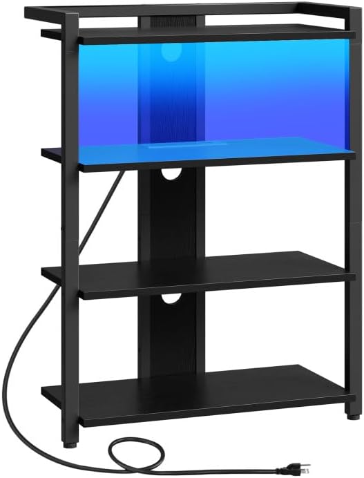 HOOBRO 4-Tier AV Media Stand, Media Console with Charging Station and LED Light, Wooden Stereo Cabinet, Corner TV Stand, Record Player, Entertainment Device Stand, Black BB42UDCJ01
