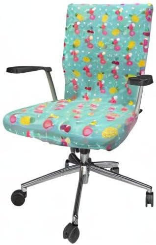 Ambesonne Cartoon Office Chair Cover, Exotic Flamingos Pineapple and Cherry Branches on Stars Backdrop Print, Stretchable Decorative Universal Size High Back Printed Slipcover, Teal Pink