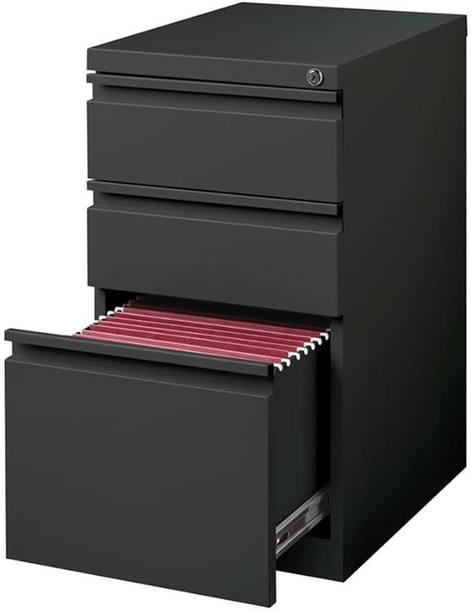Bowery Hill 3-Drawer Metal Mobile Pedestal Filing Cabinet, 20 in Deep, Charcoal Finish, Steel Construction, Ball-Bearing Drawers, Lockable, Letter-Size Files, Modern Commercial Office Storage Solution