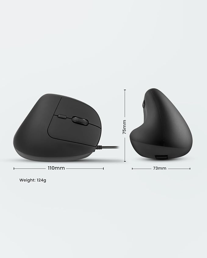 Perixx PERIMICE-508II Wired Vertical Ergonomic Mouse - 6 Buttons, Adjustable DPI 1000/1600/3200/6400, Optical Sensor, USB Plug and Play, Right-Handed, Black