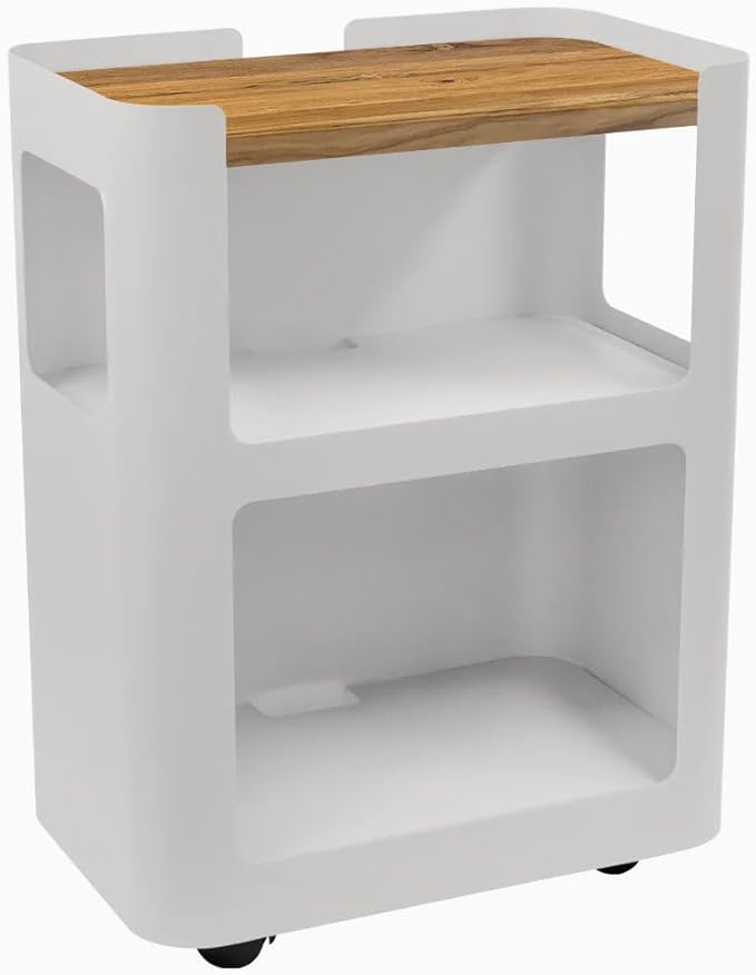 Desky Open Mobile Pedestal - White Frame/Teak Top. Compact Office Drawer Cabinet on Wheels