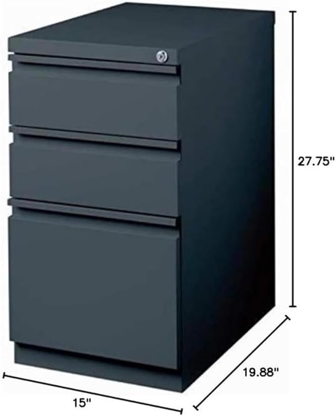Bowery Hill 3-Drawer Metal Mobile Pedestal Filing Cabinet, 20 in Deep, Charcoal Finish, Steel Construction, Ball-Bearing Drawers, Lockable, Letter-Size Files, Modern Commercial Office Storage Solution