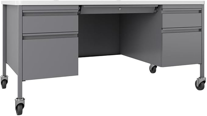 Hirsh 30x60 Mobile Double Pedestal Metal Desk with T Top Silver/White
