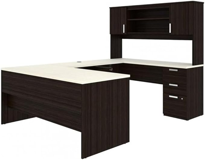 Pemberly Row U Shaped Computer Desk, 65" W x 93.6" D x 65.9" H, Melamine and Particle Board, Dark and White Chocolate Finish, Built-in File Cabinet, Hutch Storage, Reversible Configuration for Home