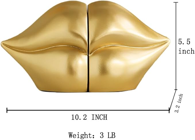 Gold Lips Decorated Bookends，Set of 2 Heavy Decorative Book Stoppers，Unique Resin Decoration，Creative Desktop Gold Decor for Study Room Hotel Office Shelves