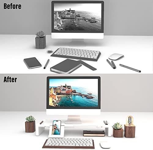 OImaster Monitor Stand Riser, Foldable Computer Monitor Riser, Adjustable Length Computer Stand and Storage Drawer & Pen Slot, Phone Stand Compatible Computer, Desktop, Laptop, Save Space (White-3.0 HUB-Adapter)