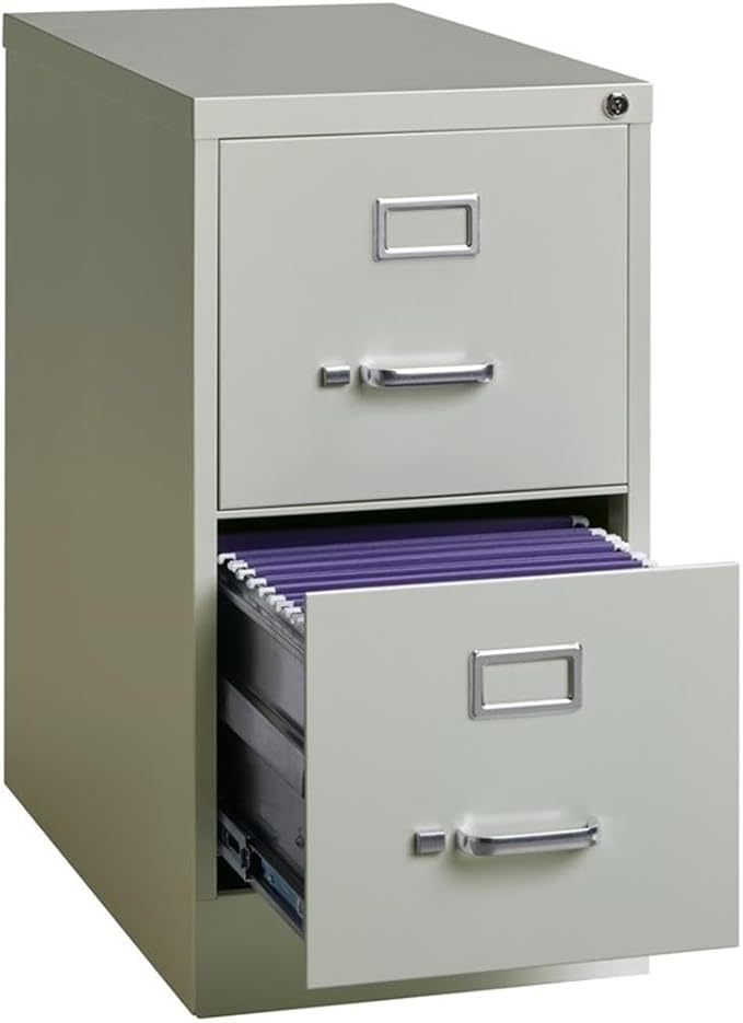 Pemberly Row 25" 2-Drawer Metal Filing Cabinet, Letter Width, Vertical Design, Gray Finish, Commercial Grade Steel Construction, Locking Drawers, Ball-Bearing Slides, Office Storage Solution