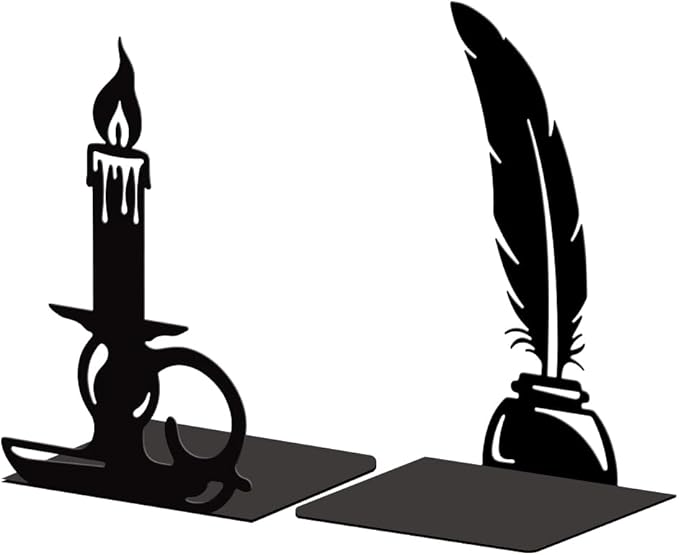 Peacoblue Metal Bookends for Shelves, Modern Decorative Heavy Duty Study Book Support Stoppers for Office, Desk, Shelf, Room 5.3"x4.3"x7.9" Cast Iron Tall Bookends, 1 Pair (Quill Pen and Candlestick)