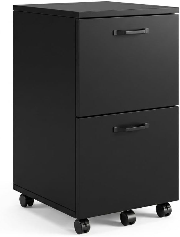 2 Drawer File Cabinet with Lockable Wheels, Rolling Filing Cabinet for Home Office, Wooden Mobile File Cabinet with Printer Stand, Under Desk Storage Organizer, Ink Black