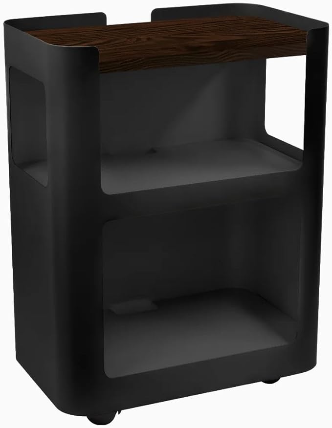 Desky Minimal Open Mobile Pedestal – 3-Tier Open Storage Cabinet with Hidden Swivel Casters and Integrated Cable Management, Black Frame/Rustic Pine
