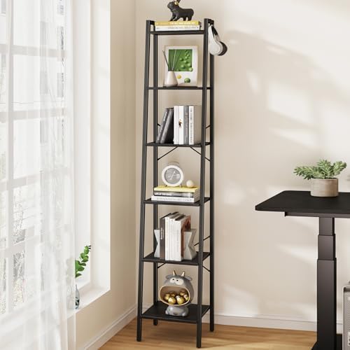 Hzuaneri Ladder Shelf, Bookshelf Bookcase, Freestanding Corner Storage Shelve with 2 Hooks for Home Office, Living Room, Kitchen, Bedroom, Industrial, 11.8" D x 13.4" W x 72.8" H, Black BC13304B