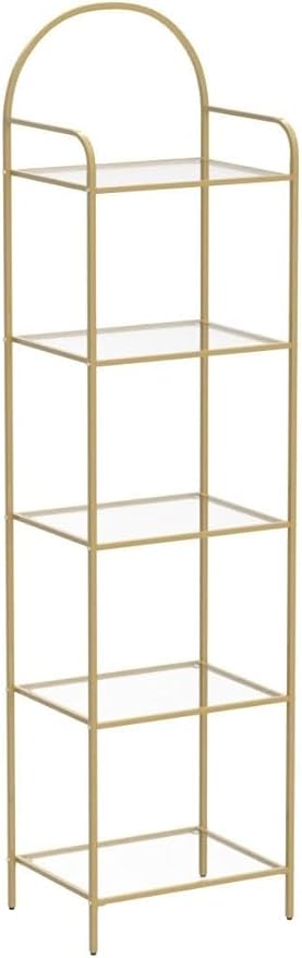 Hzuaneri Bookcase Bookshelf, Tempered Glass Bookshelves, Slim Shelving Unit for Bedroom, Bathroom, Home Office, Steel Frame, 5 Tier Gold BC05001G