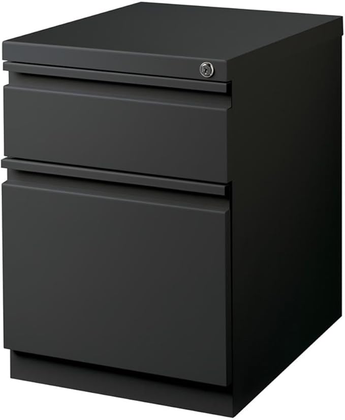 Pemberly Row 20" Metal Mobile Pedestal Filing Cabinet, Charcoal Finish, 2 Drawers, Letter-Size File Compatible, Ball-Bearing Suspension, Lock Included, Hidden Casters, Contemporary Office Storage Unit