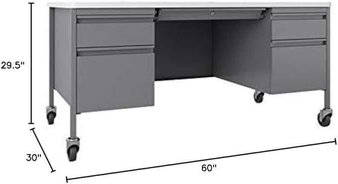 Hirsh 30x60 Mobile Double Pedestal Metal Desk with T Top Silver/White