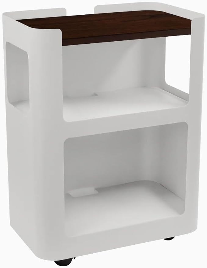 Desky Open Mobile Pedestal - White Frame/Dark Walnut Rubberwood Top. Compact Office Drawer Cabinet on Wheels