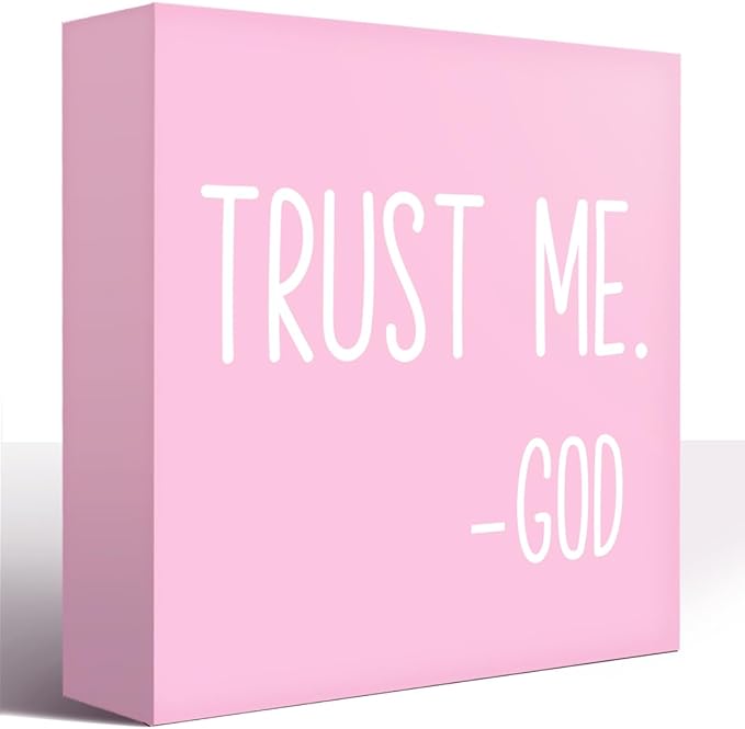 LVQHI Pink Decor For Desk, Trust Me God Sign Wood Box,Inspirational Desk Decor For Women, Small Motivational Home Bedroom Table Accessories Decoration Signs 5"x5"x1.2" In
