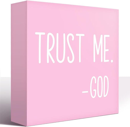 LVQHI Pink Decor For Desk, Trust Me God Sign Wood Box,Inspirational Desk Decor For Women, Small Motivational Home Bedroom Table Accessories Decoration Signs 5"x5"x1.2" In