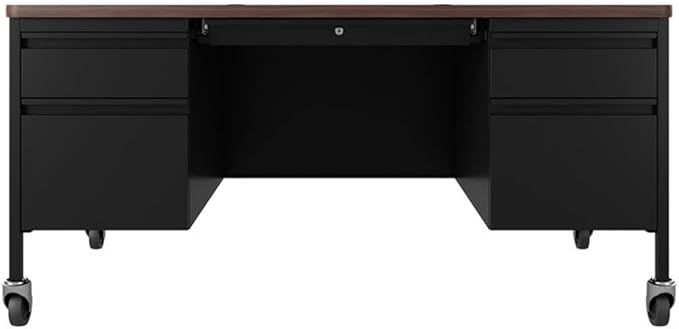 Hirsh 30x60 Mobile Double Pedestal Metal Desk with T Top Black/Walnut
