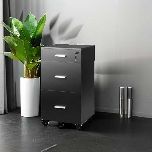DEVAISE 3 Drawer Rolling File Cabinet with Lock, Wood Filing Cabinet fits Letter / A4 Size for Home Office, Black