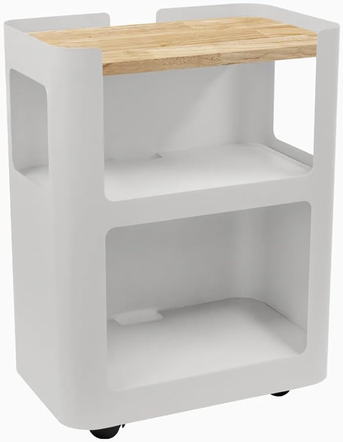 Desky Open Mobile Pedestal - White Frame/Natural Rubberwood Top. Compact Office Drawer Cabinet on Wheels