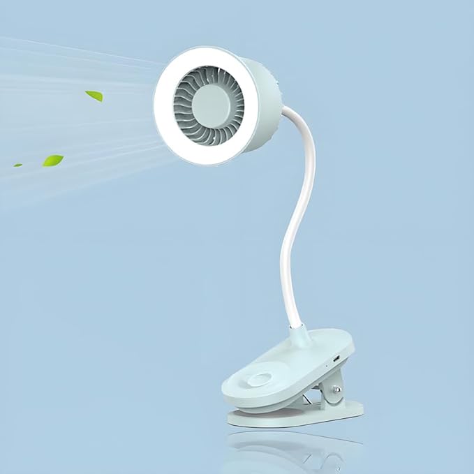 Portable LED lamp 2 in 1 more functions clip on fan,hanging,desktop, 4.5W 3 gears wind speed,2 gears brightness lighting,touch button rechargeable for reading, bed room,camping (light cyan)