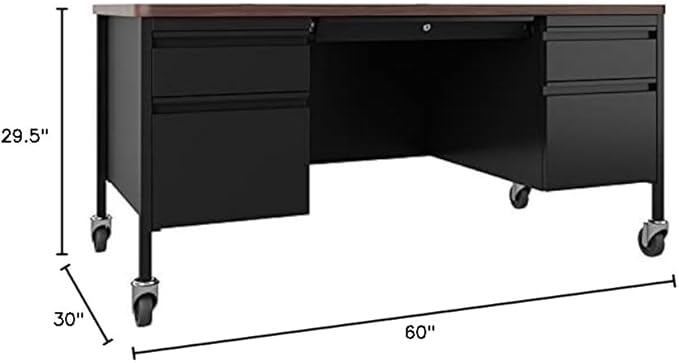 Hirsh 30x60 Mobile Double Pedestal Metal Desk with T Top Black/Walnut