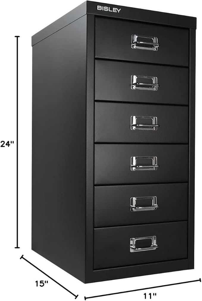 Bisley 6-Drawer Steel MultiDrawer Cabinet - Black, Chrome Pull Handles with Label Holders, Powder-Coated Steel, Removable Drawers, Fits Under Most Desks, Labels Included