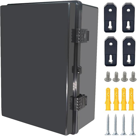 Junction Box, Hinged Black Cover IP67 Waterproof ABS Project Box with Mounting Plate Electrical Box Enclosure with Wall Bracket 15.7 x 11.8 x 6.7inch(400x300x170mm)