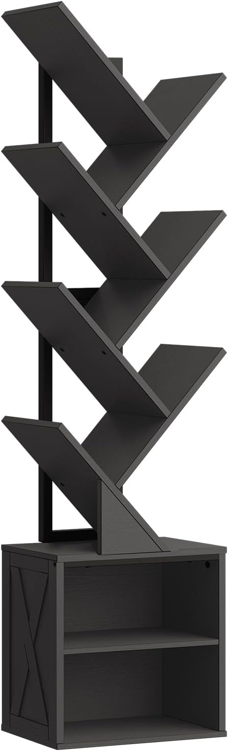 RALGEND Tree Bookshelf, 6 Tier Bookcase with 2 Storage Racks, Free Standing Wooden Bookcase, Floor Standing Book Shelf Organizer for Living Room, Bedroom, Study, Home Office, Black