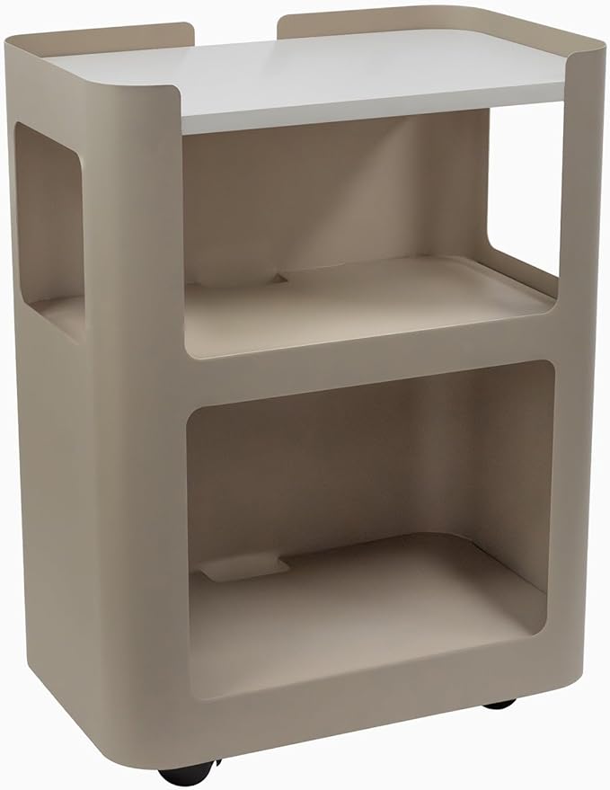Desky Minimal Open Mobile Pedestal – 3-Tier Open Storage Cabinet with Hidden Swivel Casters and Integrated Cable Management, Light Brown Frame/White