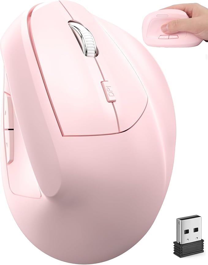 Wireless Mouse Pink Ergonomic (Bluetooth+USB )Dual Mode Vertical Silent Portable Multi Device Ergo Carpal Tunnel Mice for Mac/PC/Laptop/Computer/Tablet/iPad/Macbook Air/Pro Office Work Women Men Gift