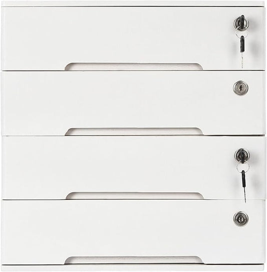 Wooden Desk Organizer with Drawers & Lock, Desktop Countertop Storage Cabinet Lockable Home Office Supplies File Tabletop Organizing Unit (4 Drawer - Modern White)