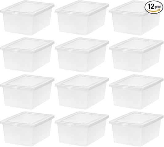IRIS USA 12-Pack Storage Bins with Lids, 15 Quart, Shoe Boxes Clear Stackable Containers Organize Shoes Closet Shelves, Organization Teacher Tools, Game Storage - BPA-Free Plastic