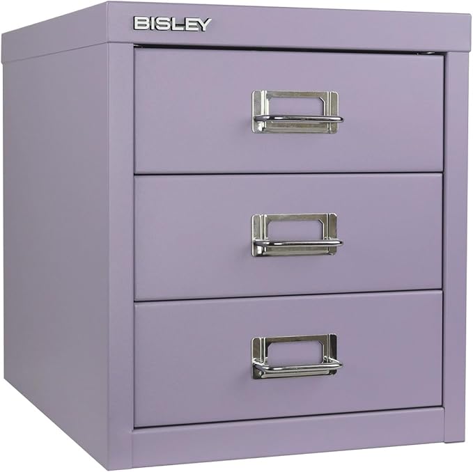 Bisley 3-Drawer Steel MultiDrawer Cabinet - Lilac, Chrome Pull Handles with Label Holders, Powder-Coated Steel, Removable Drawers, Desktop Storage, Labels Included