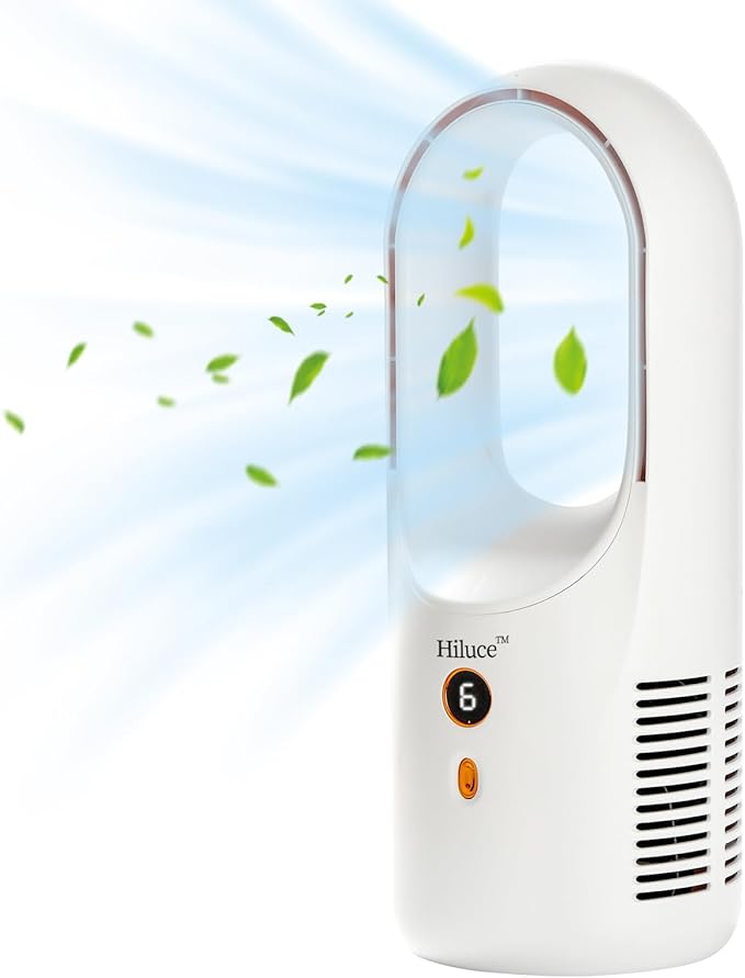 Hiluce Desk Fan Bladeless,6 Speeds 11.8 Inch Portable Office Fan, Battery USB Fans,Easy to Clean, Small Quiet Table Fan for Personal Bedroom Home Office Desktop, White