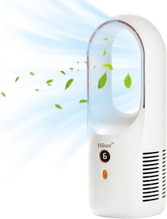 Hiluce Desk Fan Bladeless,6 Speeds 11.8 Inch Portable Office Fan, Battery USB Fans,Easy to Clean, Small Quiet Table Fan for Personal Bedroom Home Office Desktop, White