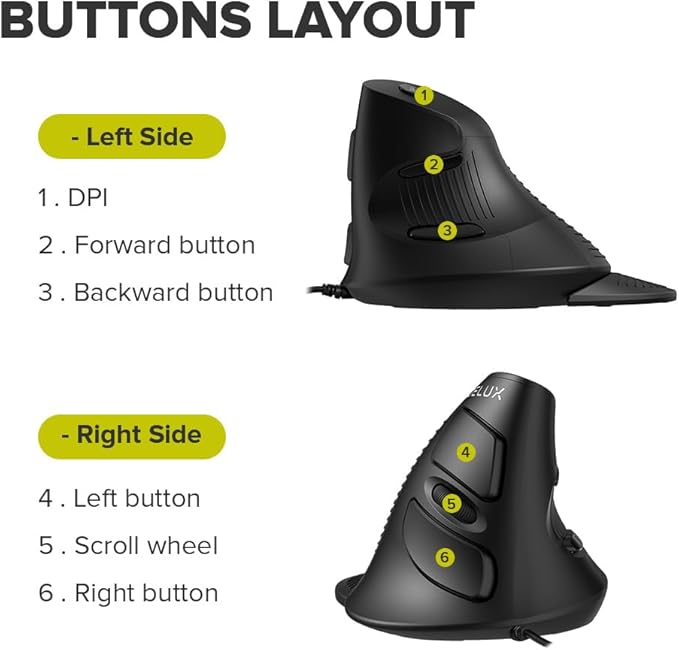 DELUX Wired Ergonomic Vertical Mouse, Vertical Mouse for Medium Hands, Removable Wrist Rest, Silent Click Ergo Mouse, Up to 4200 DPI, 6 Programmable Buttons, Compatible with Laptop/PC (M618XU-Black)
