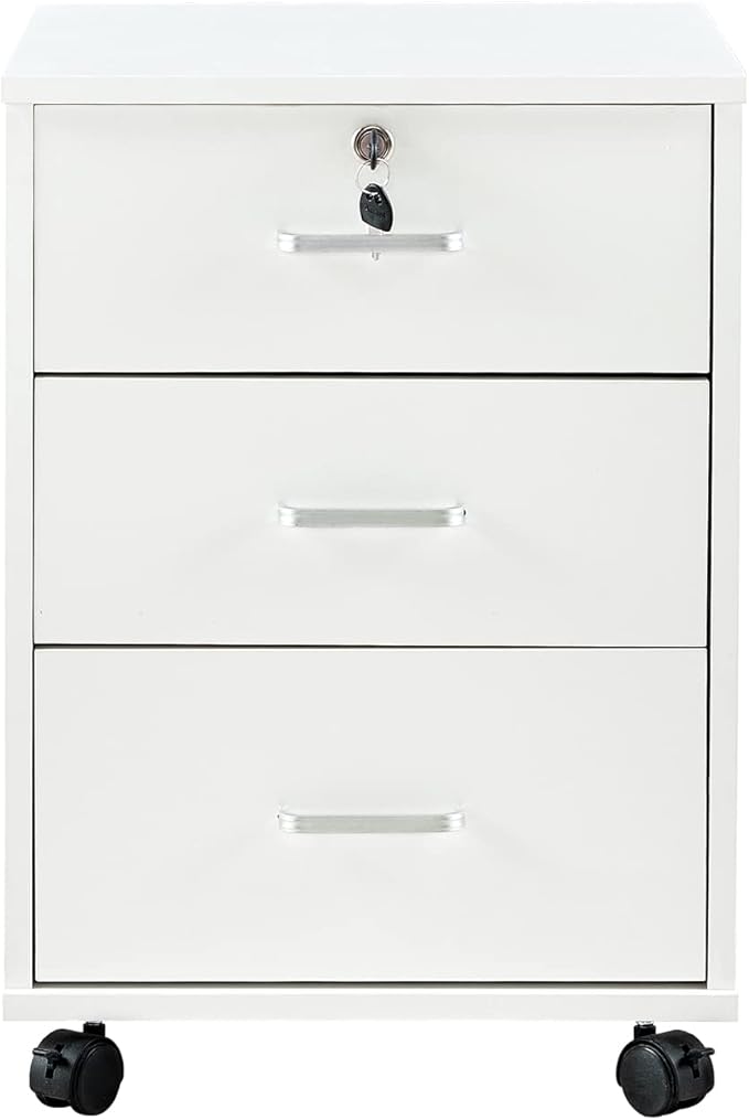 OFCASA 3 Drawer File Cabinet with Lock, Small Rolling Filing Cabinets for Home Office, Wooden Under Desk File Cabinet with Wheels, Mobile Storage Cabinet Printer Stand, for Letter/Legal/A4 Size, White
