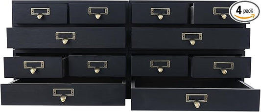 12 Drawers Apothecary Cabinet, 4-Pack Wood Tabletop Medicine Cabinet, Vintage Desktop Drawer Library Card Catalog Cabinet Wooden Chest Drawer Organizer for Tea Herbs Jewelry Stationery (Black)
