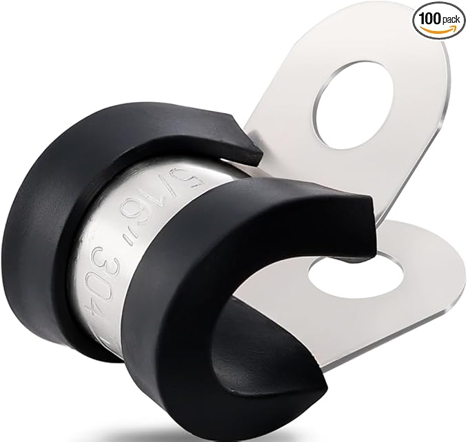 OURU 100PCS Cable Clamps 5/16 Inch 304 Stainless Steel Cable Clamps Rubber Coated Cushioned Insulated Cable Clamp,Automotive Wire Clamps,Pipe Clamps,Metal Clamp for Tube,Wire Cord Installation(8mm)