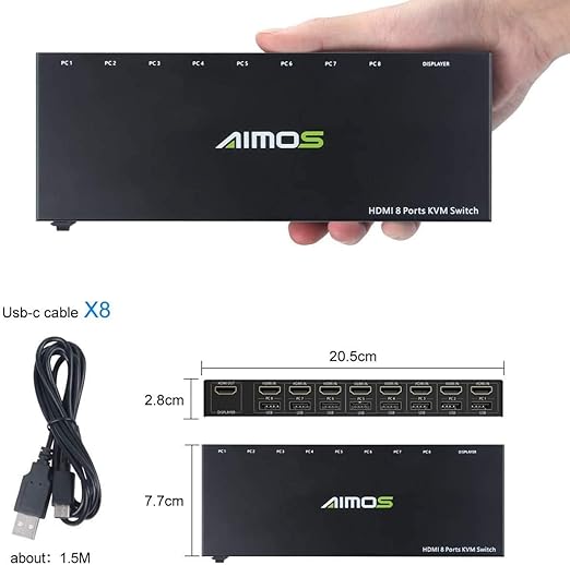 KVM Switch 8 Ports with Hotkey, 8 in 1 Out USB 2.0 HDMI KVM Switcher Support 4K@30Hz for 8 PC Share Keyboard and Mouse, Compatible with Windows/Linux/Mac System etc