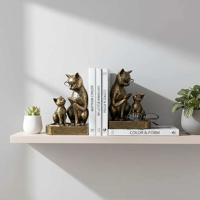 LIFFY Cat Decorative Bookends, 7“ Resin Non Skid Book Ends for Heavy Books, Parent-Child Cats Figurine Collectibles with Eye Glasses for Shelf to Hold Books, Whimsical Cat Decorations for Cats Lovers