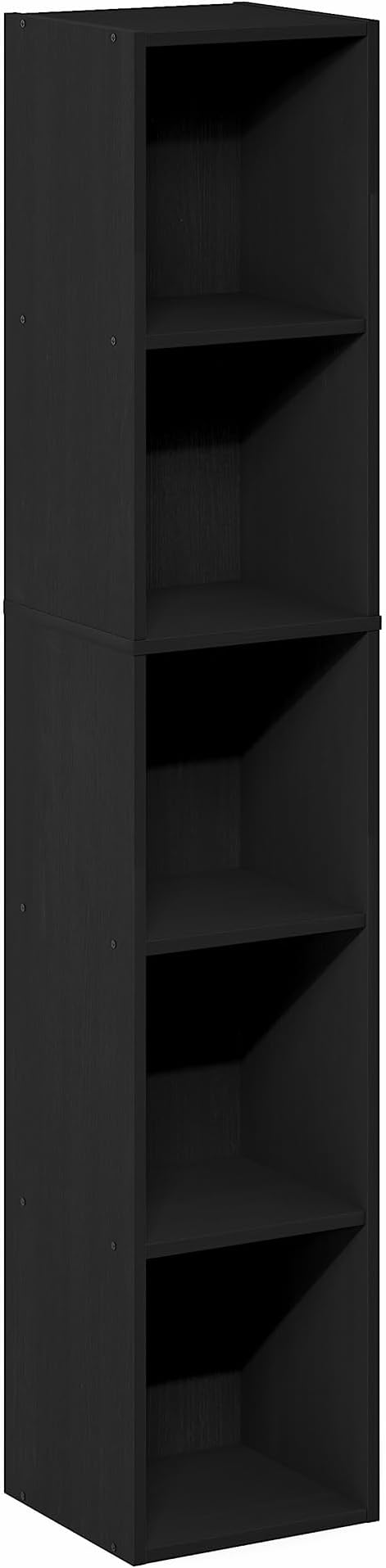 Furinno Fulda Book Shelf, 5-Tier Tall Narrow Bookshelf, Standing Bookcase with 10-in Width Storage Shelf, 9.3 x 9.8 x 51.9, for Organization Storage, for Living Room, Bedroom, Home Office, Blackwood