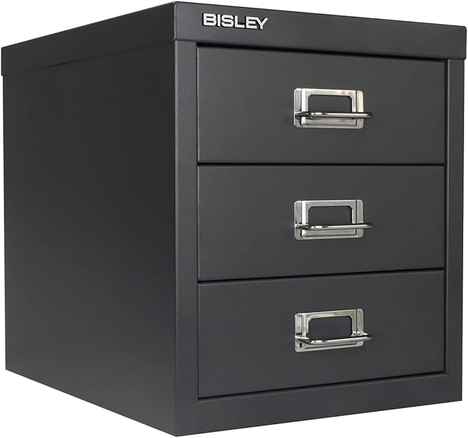 Bisley 3-Drawer Steel MultiDrawer Cabinet - Anthracite Grey, Chrome Pull Handles with Label Holders, Powder-Coated Steel, Removable Drawers, Desktop Storage, Labels Included