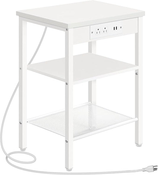 HOOBRO Side Table with Charging Station and USB Port, Small End Table for Small Space, 3-Tier Nightstand with Adjustable Shelf, for Living Room, Bedroom, White WW112BZ01