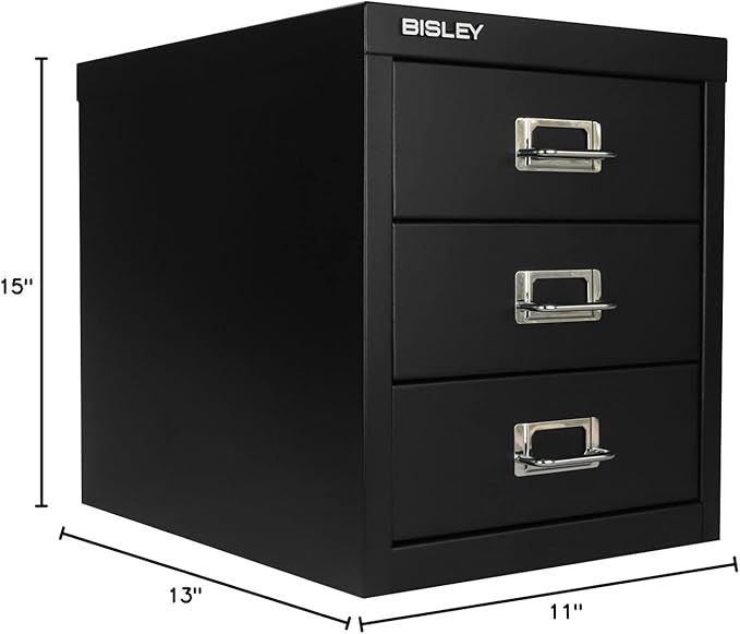 Bisley 3-Drawer Steel MultiDrawer Cabinet - Black, Chrome Pull Handles with Label Holders, Powder-Coated Steel, Removable Drawers, Desktop Storage, Labels Included