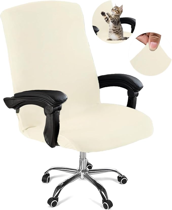 Office Chair Cover,Removable Desk Chair Cover with Zipper,Stretch Anti-dust Universal Rotating Office Seat Slipcover,Washable High Back Computer Seat Protector for Pets (Beige, Large)