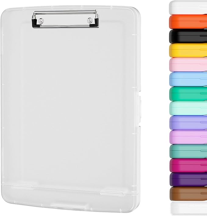 Piasoenc Clipboard with Storage, 8.5 x 11 Organization Box with Pen Holder and A4 Legal Paper Folder, Folio & Side-Opening, Low Profile Clip,for Nurses,Teachers, Size 14 x 9.6 x 1.2 in,Translucent